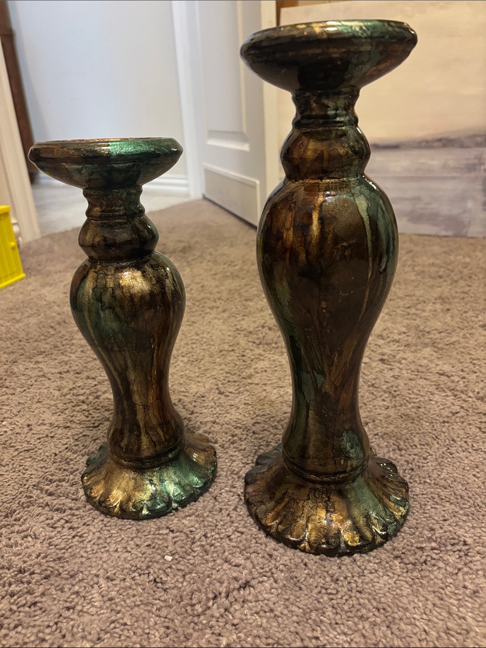 Decorative Metallic Green-Bronze Candle Holders - Set of 2